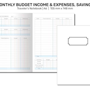 Puede incluir: Una libreta de presupuesto mensual de tamaño A6 con una portada en blanco y una etiqueta negra. La libreta está diseñada para llevar un registro de los ingresos, los gastos y los ahorros. La libreta mide 105 mm por 148 mm.