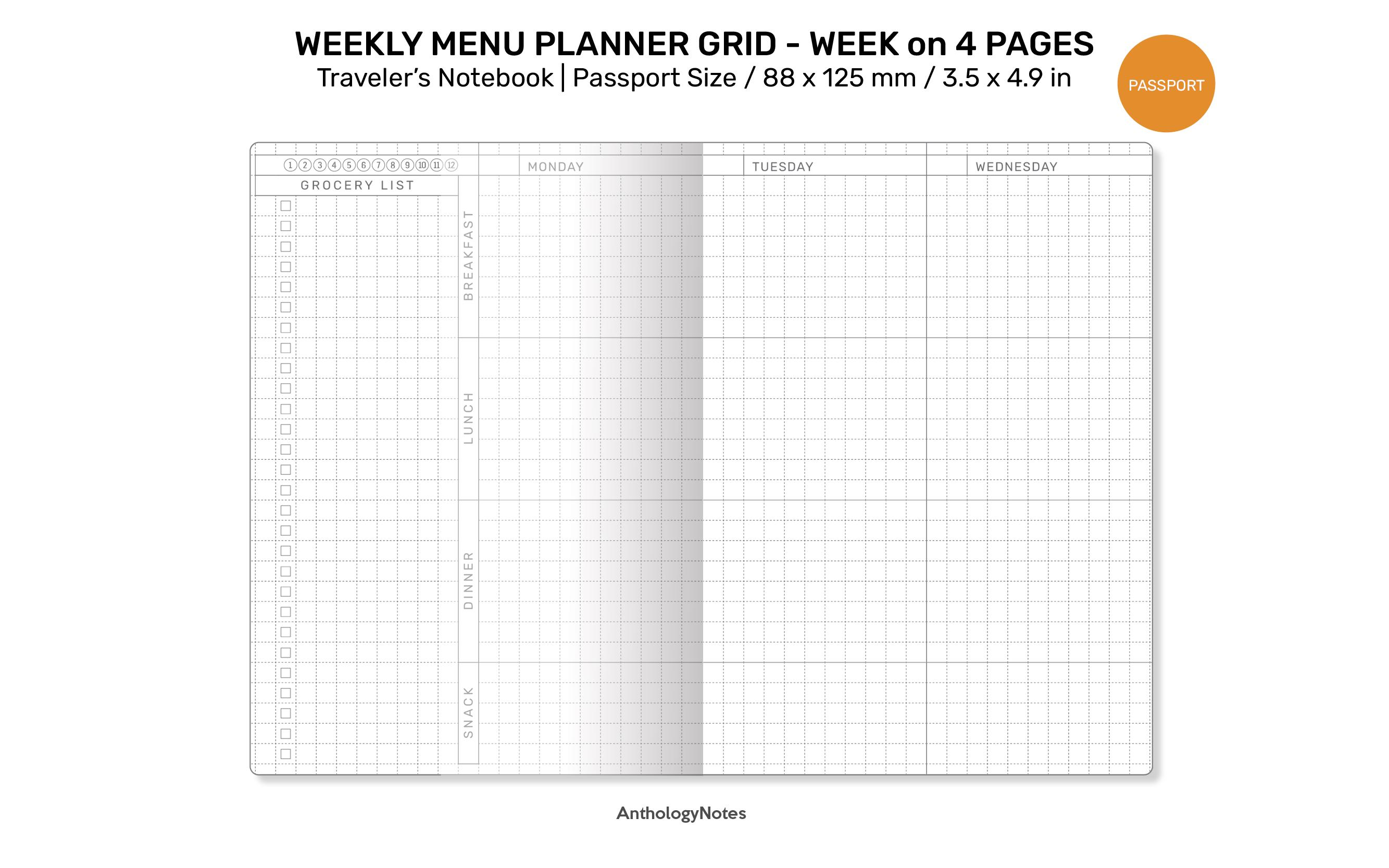 TN Passport Weekly MENU Planner Printable Insert Traveler's Notebook ...