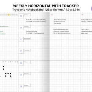May include: A weekly planner with a tracker for daily tasks. The planner is divided into sections for each day of the week, with space for appointments, notes, and a to-do list. The tracker section includes a list of tasks such as gym, vitamins, laundry, and skincare.