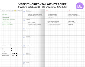 Könnte beinhalten: Ein Wochenplaner mit einem Tracker für tägliche Aufgaben. Der Planer ist in Abschnitte für jeden Tag der Woche unterteilt, mit Platz für Termine, Notizen und eine To-Do-Liste. Der Tracker-Bereich enthält eine Liste von Aufgaben wie Fitnessstudio, Vitamine, Wäsche und Hautpflege.