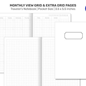 TN POCKET Maandelijks dagboek met extra rasterpagina's Ongedateerde afdrukbare Traveler's Notebook Refill FN22-009