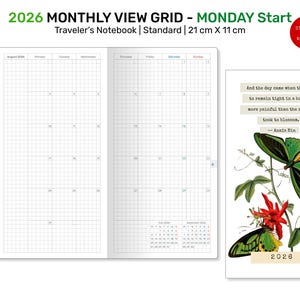 May include: A printable monthly calendar grid for 2026, starting on Monday. The calendar is designed for a standard traveller's notebook, measuring 21 cm by 11 cm. The grid is printed on white paper with a light grey grid pattern. The calendar includes a quote: "And the day came when the risk to remain tight in a bud was more painful than the risk it took to blossom." - Anais Nin.