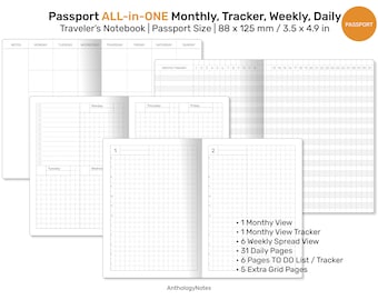 PASSPORT TN All-in-One Monthly View, Tracker, Weekly, Daily, To Do List Printable Traveler's Notebook Refill