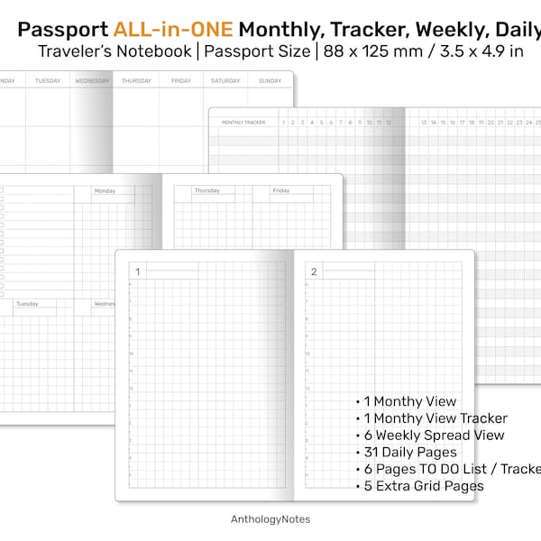 PASSPORT TN Vista mensual todo en uno, rastreador, semanal, diario, lista de tareas pendientes, recarga para cuaderno de viajero imprimible