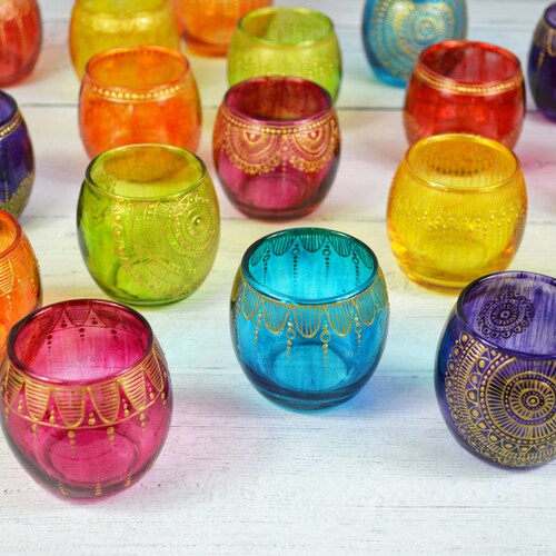 Hand Painted Glass Tea Light Holder Glass Candle Holder Etsy
