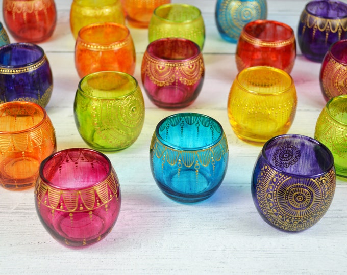 Hand Painted Glass Tea Light Holder, Glass Candle Holder, Tealight