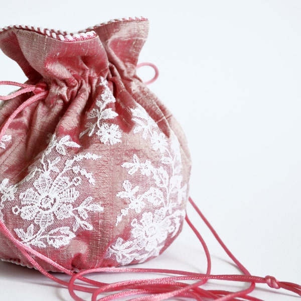 Pink Silk Drawstring Pouch, Bridal Bag, Bridal Clutch, Pink Bridal Bag, Small Pouch, Drawstring Bag, Flower girl Bag, Silk bag