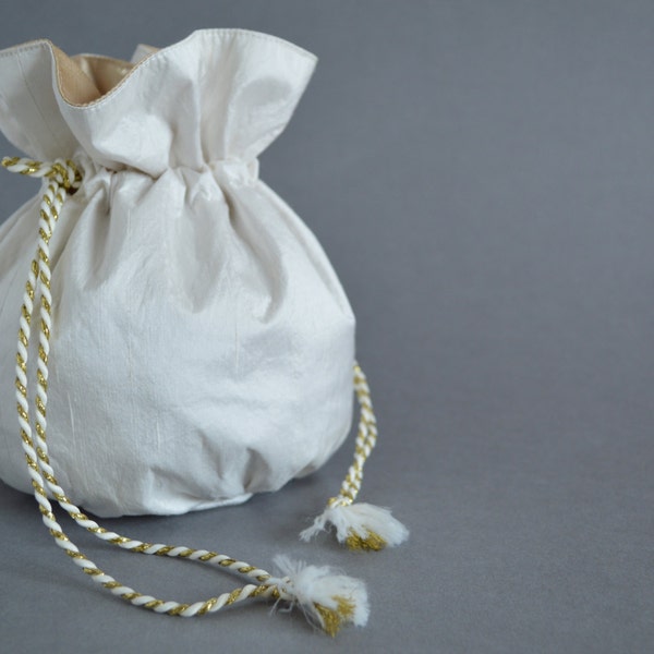 Silk Ivory Drawstring Pouch, Bridal Bag, ivory and gold bag, Small Pouch, Drawstring Bag, Flower girl Bag, wedding bag