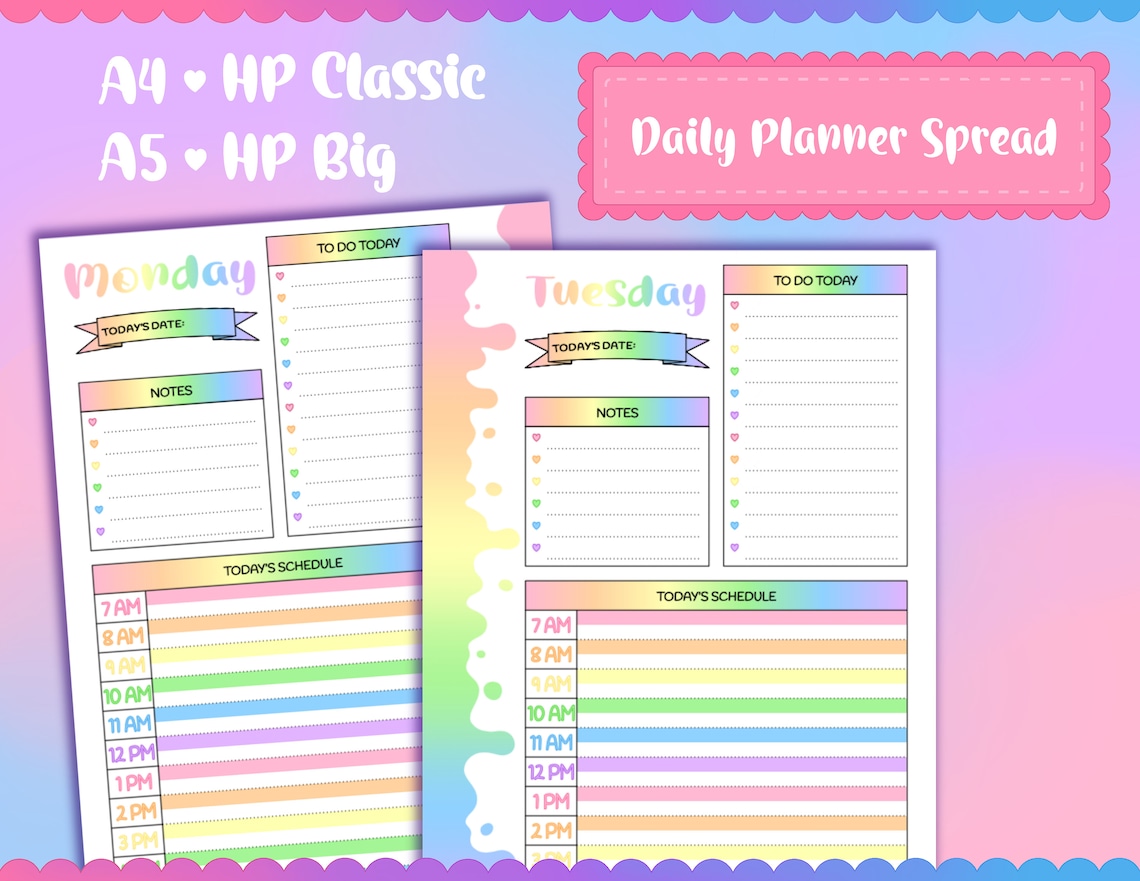 Daily Planner Printable | Blank Monday Start | Pastel Rainbow Drips ...