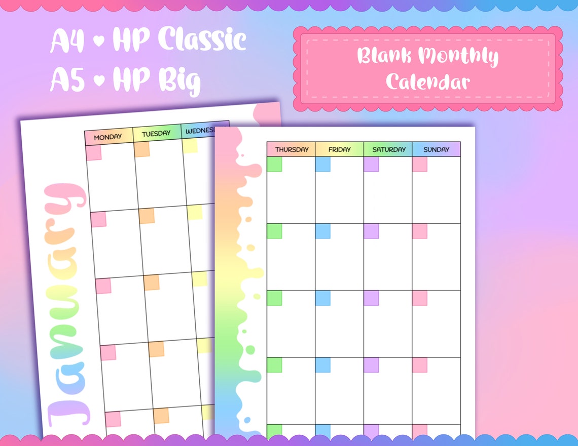 Monthly Planner Printable | Blank Monday Start | Pastel Rainbow Drips ...