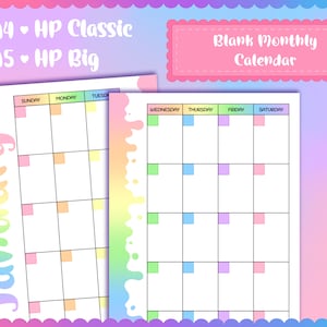 May include: A printable blank monthly calendar with a rainbow gradient background. The calendar is labeled with the days of the week and has space for writing in dates and events. The text "Blank Monthly Calendar" is at the top of the page.