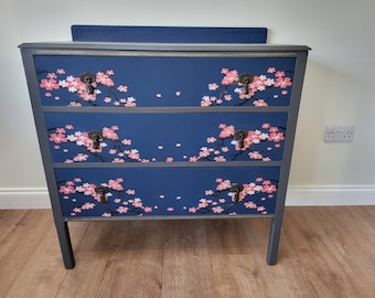 Hand Painted Cherry Blossom Pine Drawers/ Hand Painted/Anitique Upcycled Furniture