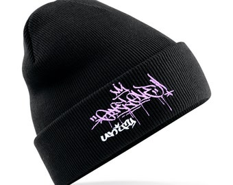 Hot Pink One Love Emboss Stitched Black Beanie Cuffed Hat One Size by Unify | Contemporary | Abstract | Street Art | Urban Clothing