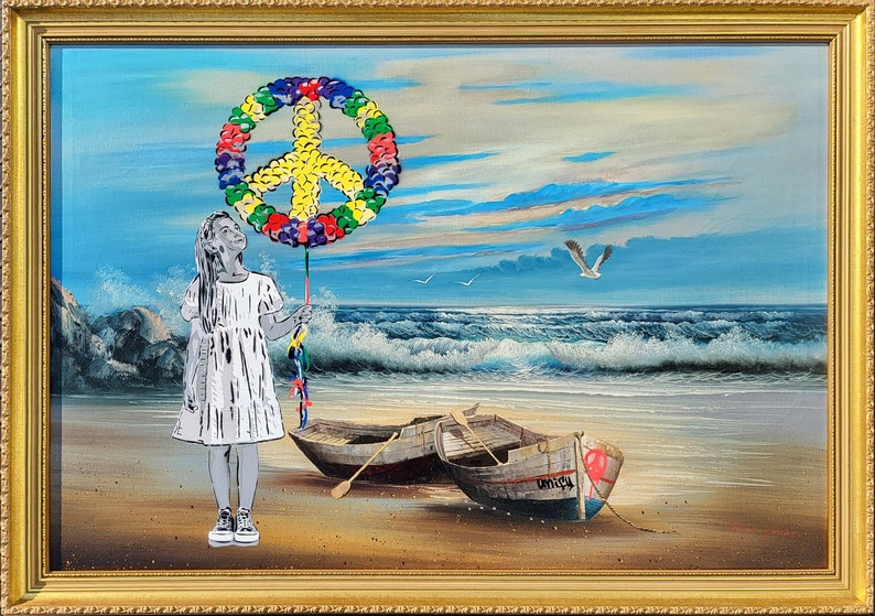 Peace Balloons Girl Framed Original Artwork by Unify Contemporary Abstract Pop Art Street Art Spray Paint Media image 2