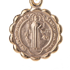 San Benito gold flower Medal, Saint benedict floral pendant, St Benedict double view, Reversible San Benito, Catholic gift scapular necklace
