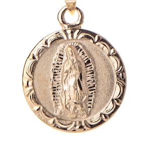 Medalla Virgen de Guadalupe en Oro de 14k, Colgante Nuestra Señora Santa María Guadalupe, Medallón con Dije Virgen María, Primera Comunión Religiosa Católica