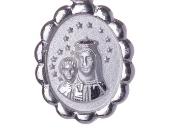 Sterling silver medal Virgen del Carmen, Virgin and baby jesus Silver 925 necklace, Our Lady Mount Carmel charm pendant dainty flower oval
