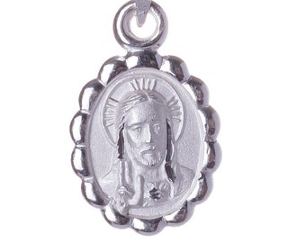 Jesus Sacred heart Sterling Silver 925 oval mini Medal, Mexican taxco silver floral charm pendant catholic necklace, baptism first communion