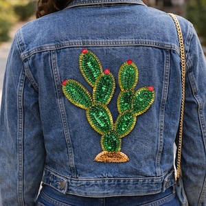 Cactus sequin patch, Mexican Nopal applique Sew On, Prickly Pear Cacti, Graduation Stole Cap Topper, Embroidered Denim Jacket, Latina Pride