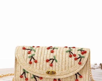 Straw Cherry Bag – Handmade Woven Purse – Cute Summer Crossbody – Boho Fruit Handbag
