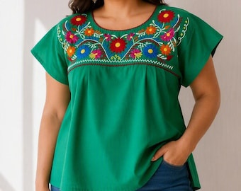 Mexican Embroidered Blouse Green, Plus Size Curvy Floral Boho Top, Lightweight Poplin shirt, Peasant Extra size, Mexican clothing Woman