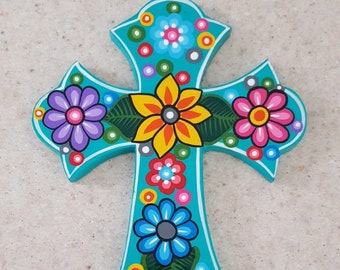 Mexican wood Cross, Turquoise sacred heart cross, Mexican Milagro cross, Mexican flower Wall Art Cross, Mexican Flower Cross, Mexican Cross