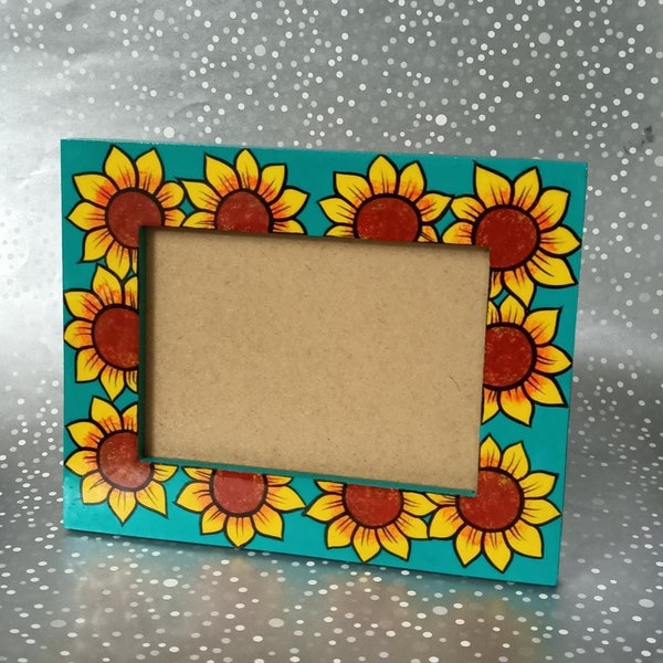 Mexican Turquoise green photo frame, Sunflower wood aqua frame, Housewarm gift family picture, Mexican talavera Portrait frame, Spanish tile