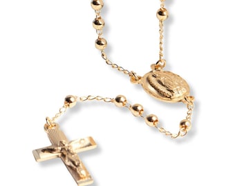Rosario de Guadalupe chapado en oro de 14 quilates, collar de rosario de oro de la Virgen de Guadalupe, rosario de oro de Jesucristo, joyería mexicana, joyería religiosa.