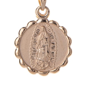 14k Gold Virgen Guadalupe flower Medal, Virgin Guadalupe Pendant Charm, virgin mary floral medallion, Catholic Jewelry gift, Firs communion