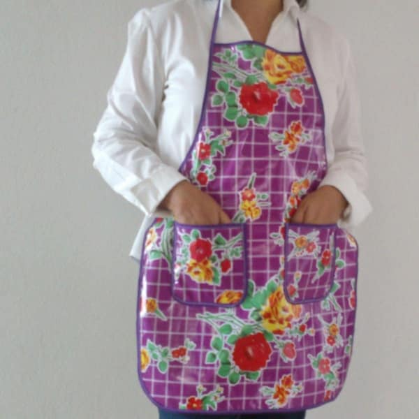 Mexican purple Kitchen Oilcloth Apron, Mexico floral Plastic, Cooking All size Pinafore, Kitchen Smock Curvy apron, Taco tuesday cinco mayo