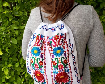 Mexican backpack, Mexican embroidered bag, Flower drawstring backpack, Mexico colorful Morral Bag, Embroidered Floral Bag, Mexico Tassel bag