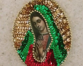 Mini Virgen Guadalupe oval patch, Our Lady Guadalupe Sequin Applique, Mexican Virgen de Guadalupe sequin patch, Mexican embellishment patch
