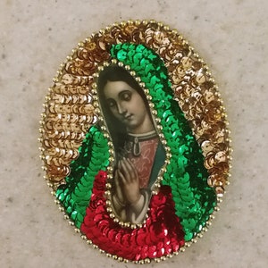 Mini Virgen Guadalupe oval patch, Our Lady Guadalupe Sequin Applique, Mexican Virgen de Guadalupe sequin patch, Mexican embellishment patch