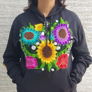 Mexican black hoodie sweatshirt, Embroidered Sunflower pullover, Embroidered yellow flower jersey, Women Mexico Embroidery hoodie jacket