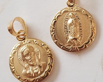Virgen de Guadalupe 14K Gold charm, Double view Lupita Virgin medal, Reversible Jesus Sacred Heart medal, Jesus Christ gold Charm Scapular