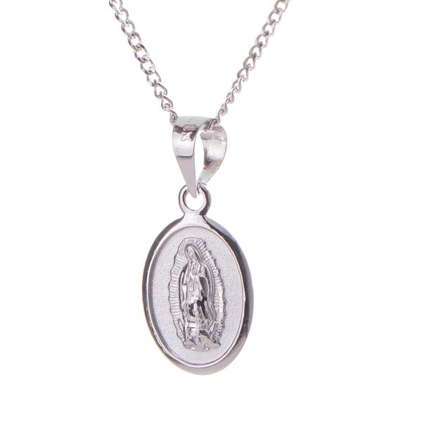 Virgen Guadalupe silver necklace Oval charm, Our lady Guadalupe chain white gold necklace, 925 sterling silver Chain, Mexican taxco silver