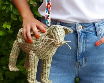 Cat wicker bag, cute witch Cat rattan bag, wizard straw purse, Kitty Kitten straw bag, Halloween palm bag, Vintage cat lover wicker bag