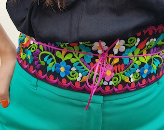 Handmade Embroidered Mexican Belt, Boho Folk Waist Sash, Adjustable Laces