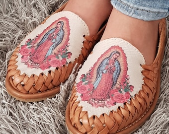 Chaussures huaraches Virgen de Guadalupe, sandales mexicaines en cuir, huaraches marrons mexicaines, espadrilles en cuir, chaussures mexicaines toutes les tailles américaines