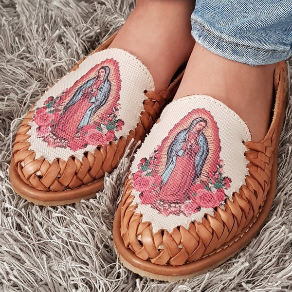 Virgen de Guadalupe huaraches shoes, Mexican leather Sandals, Mexican brown Tan Huaraches, Leather espadrilles, Mexican shoes all sizes US