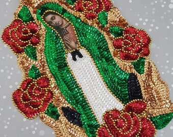 Virgen de Guadalupe Red rose patch, Lady Guadalupe red rose Sequin Applique, Guadalupe virgin sequin patch, Virgen Guadalupe sequin jacket