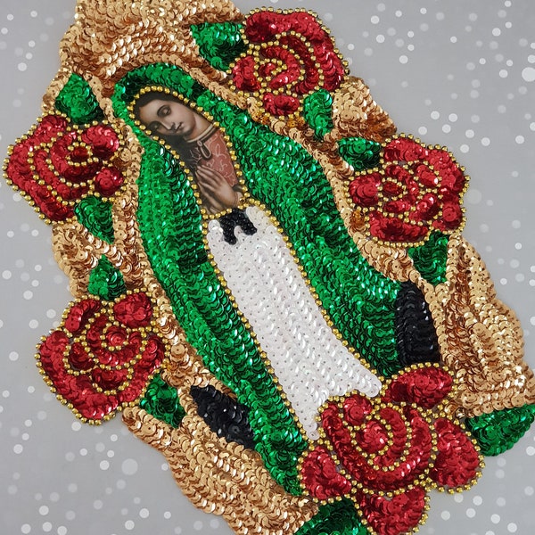 Virgen de Guadalupe Red rose patch, Lady Guadalupe red rose Sequin Applique, Guadalupe virgin sequin patch, Virgen Guadalupe sequin jacket