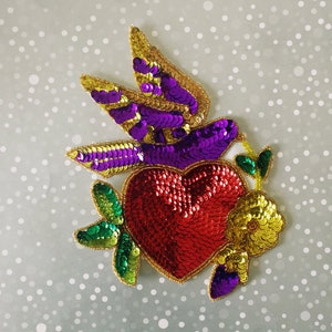 Milagro Sacred Heart sequin bird patch, Mexican milagrito tin, purple Sequin patch denim jacket, Heart Applique patch, Mexico corazon charm