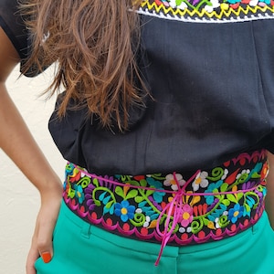 Embroidery mexican colorful Belt, cinco de mayo waist black sash belt, Mexico flower boho belt, Embroidered belt, Vintage Flowered belt