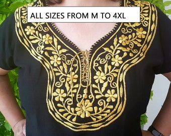 Embroidered mexican black blouse, Gold embroidered top, Curvy plus size mexican blouse, Mexican golden embroidery, Embroidered Gold blouse