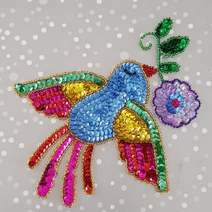 MXArtsCrafts - Bird flower sequin patch, Milagro patch, Mexican milagrito, Mexican Sequin patch denim jacket, Mexican bird Applique patch