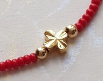 Red cross beaded bracelet, Gold Plated cross braided Bracelet, Jesus Christ cross crucifixion catholic cuff, red protection woven bracelet