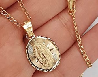 14K Gold Filled Virgen de Guadalupe Oval Medal Necklace, Religious Faith Pendant