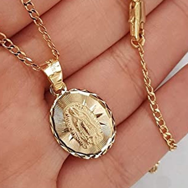 Gold Virgen de Guadalupe Necklace, Oval Catholic Medal Pendant 14k, Religious Jewelry Gift Women Grandma, Mother’s Day, Faith Protect Charm