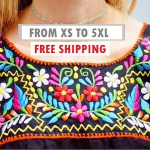 Mexican Embroidery Blouse, Mexican black blouse, Mexican embroidered top, Vintage mexican blouse, Mexico floral blouse,Mexico peasant blouse